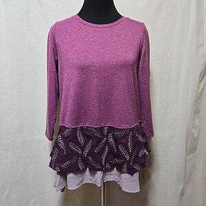 Logo Lounge Tunic Womens XS Purple Embroidery Ruffle Slinky Knit Fall Autumn